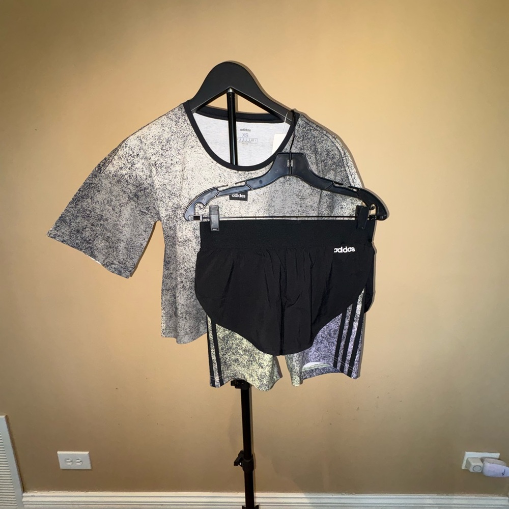 adidas Black Running Shorts with Grey Speckled Cropped Top